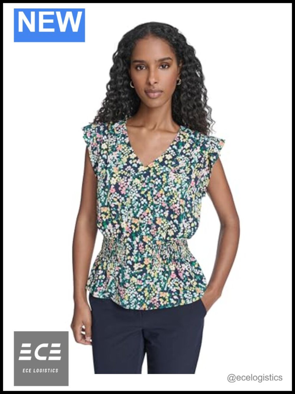 Tommy Hilfiger Cap Sleeve Smocked Top V-Neck Floral Womens Shirt